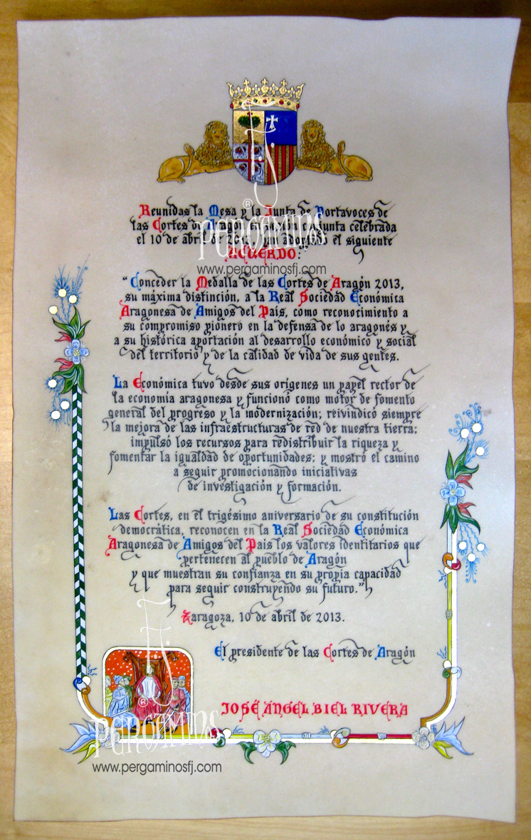 Diploma Medalla de las Cortes de Aragón