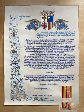 Diploma acreditativo en pergamino, del Gobierno de Aragón, de la Medalla de Aragón a Su Alteza Real Doña Leonor de Borbón y Ortiz, Princesa de Asturias y de Gerona.