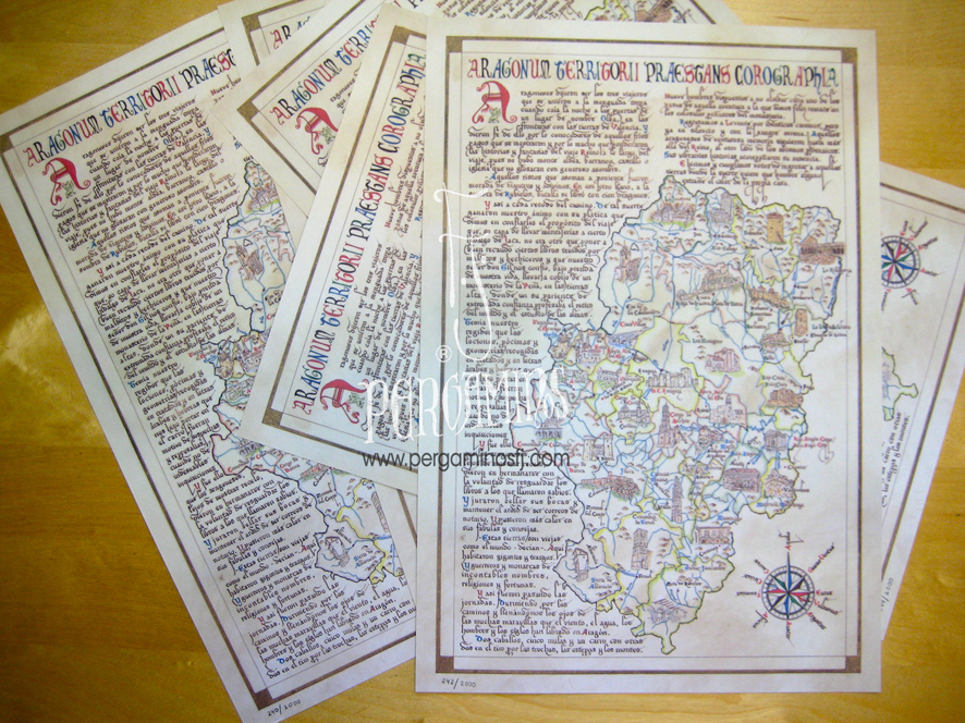 ARAGONUM TERRITORII PRAESTANS COROGRAPHIA-Caliorama de las Comarcas de Aragón (anverso) - Mapa en pergamino